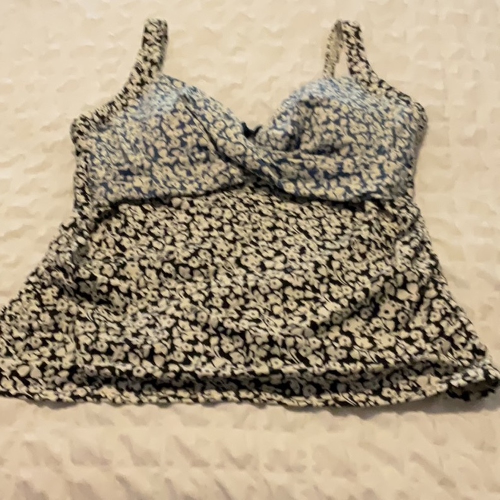 Floral Black/white/blue Lands End Tankini Top size 14